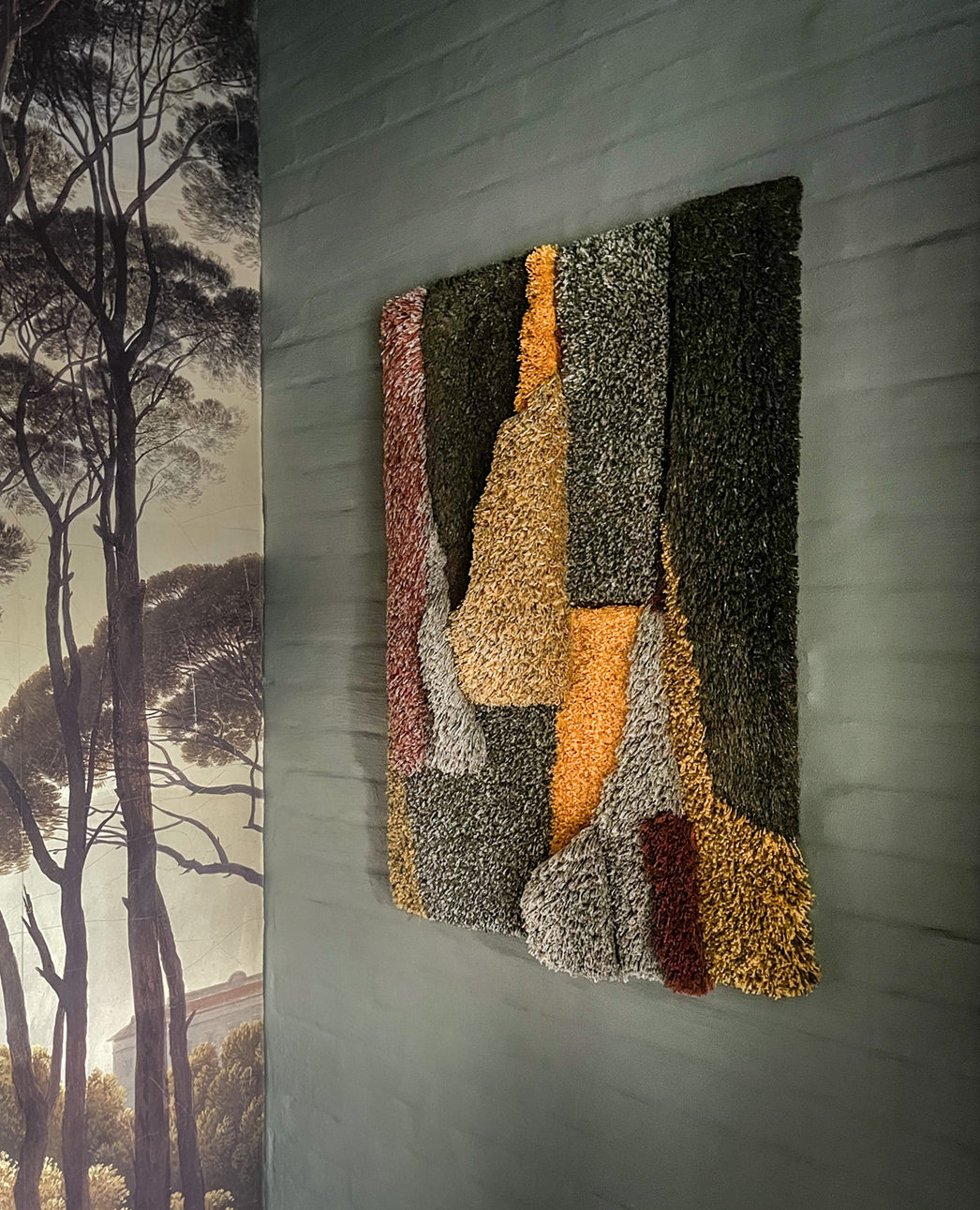 handmade tufted green pink gold tapestry