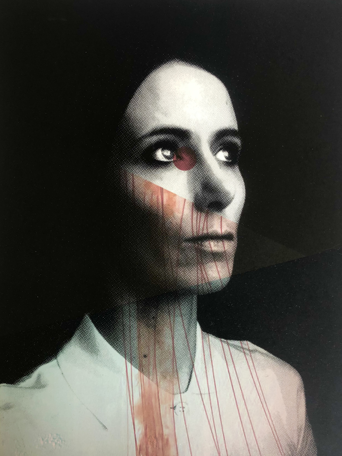 dramatic handprinted screenprint portrait of woman with red details